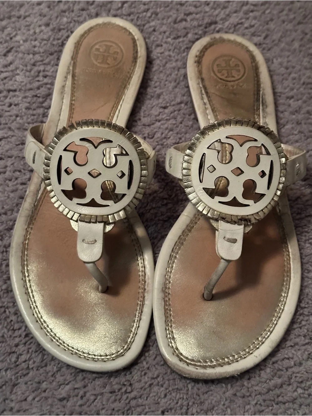 AUTHENTIC Tory Burch White Leather Logo Cutout Thong Sandals